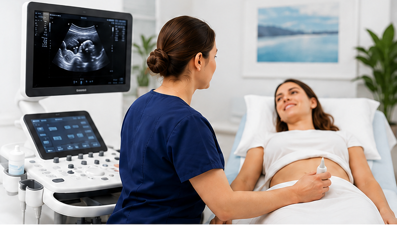 Sonographer performing an ultrasound exam